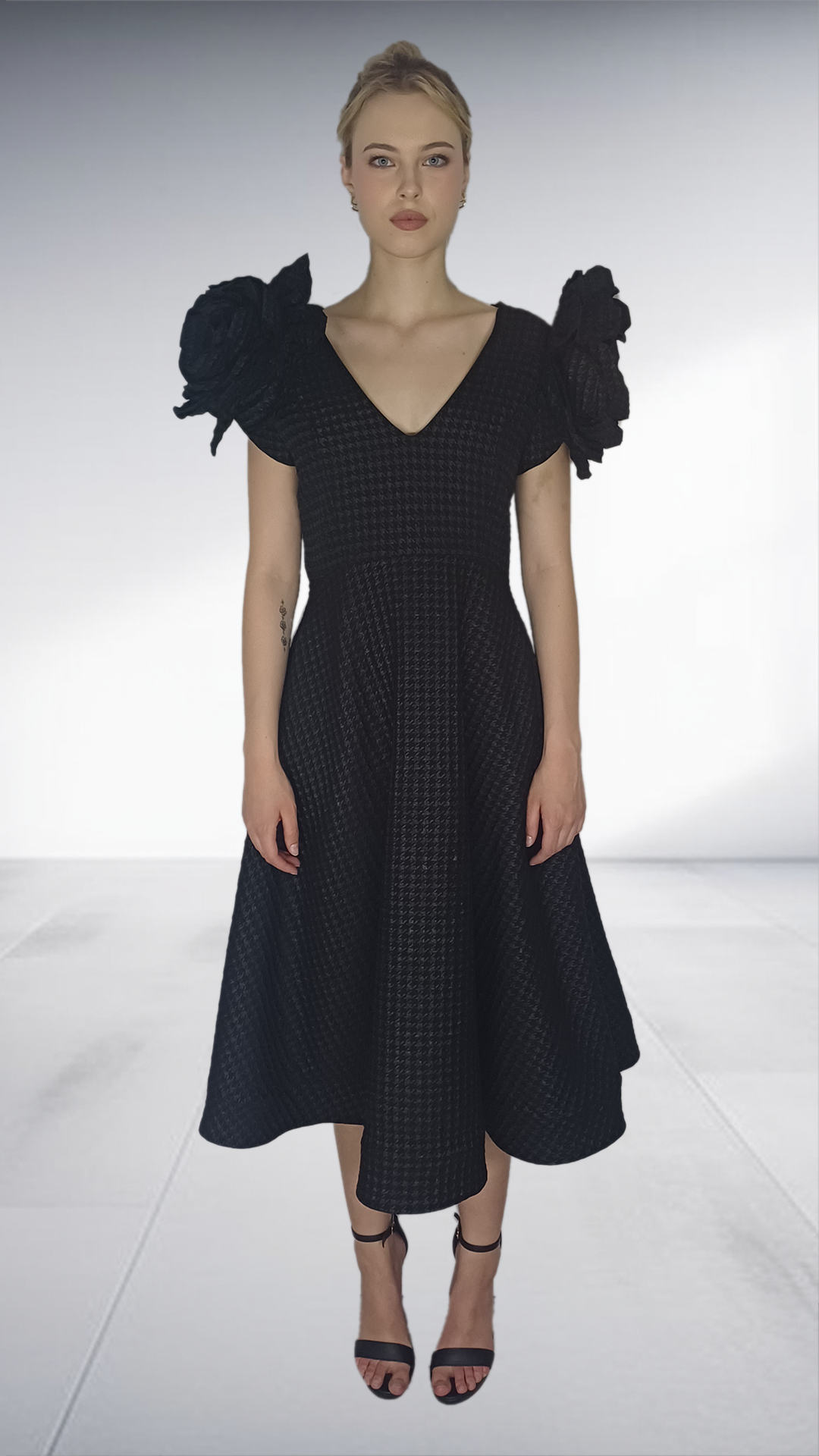 Floradora - Black Puff Sleeve Midi Dress with Removable Flower Details