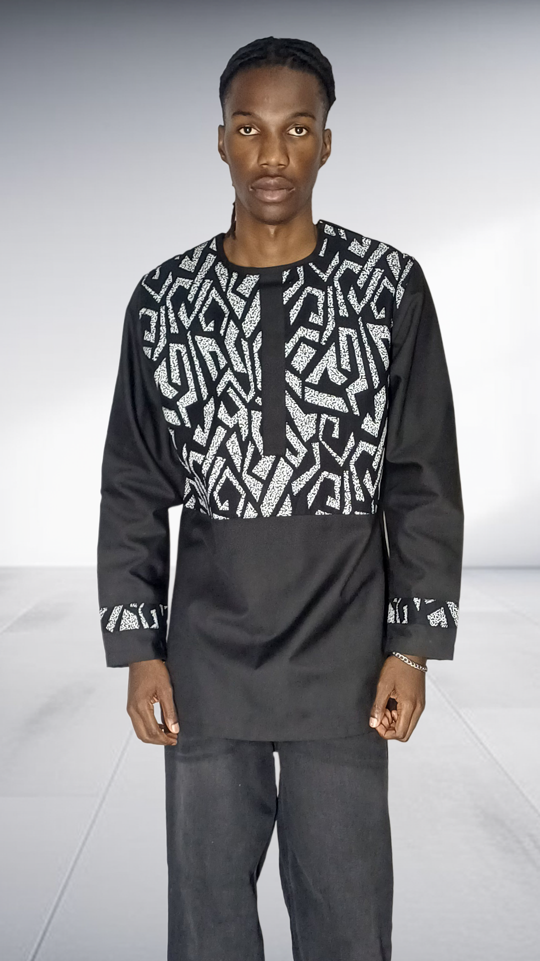 Lolo D African Print Yoke Long Sleeve Shirt - Black & White