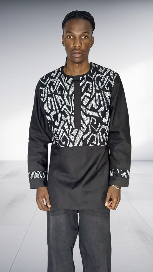Lolo D African Print Yoke Long Sleeve Shirt - Black & White