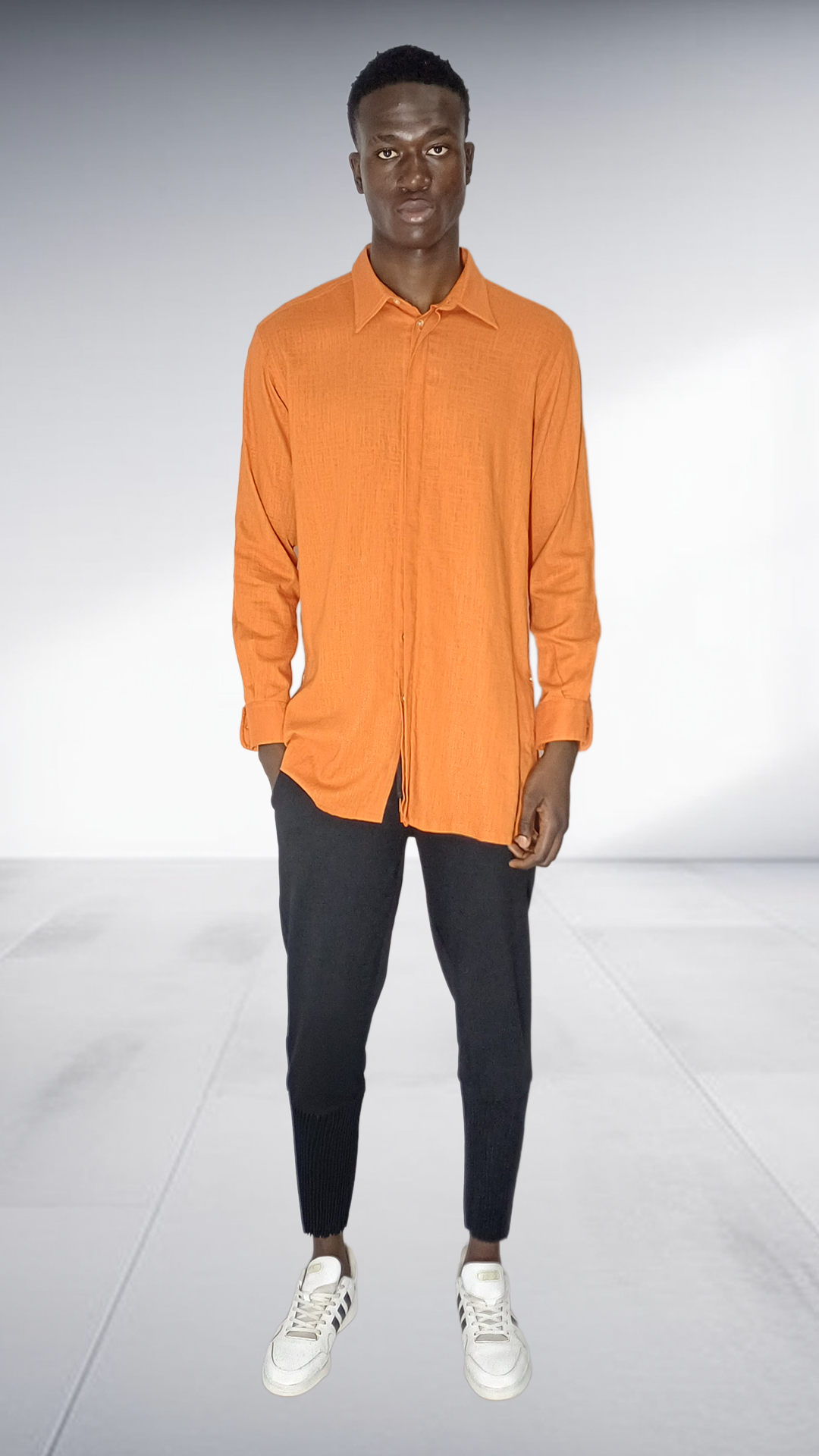 Naked Ape Burnt Orange Linen Shirt & Black Pin Tuck Pants Set