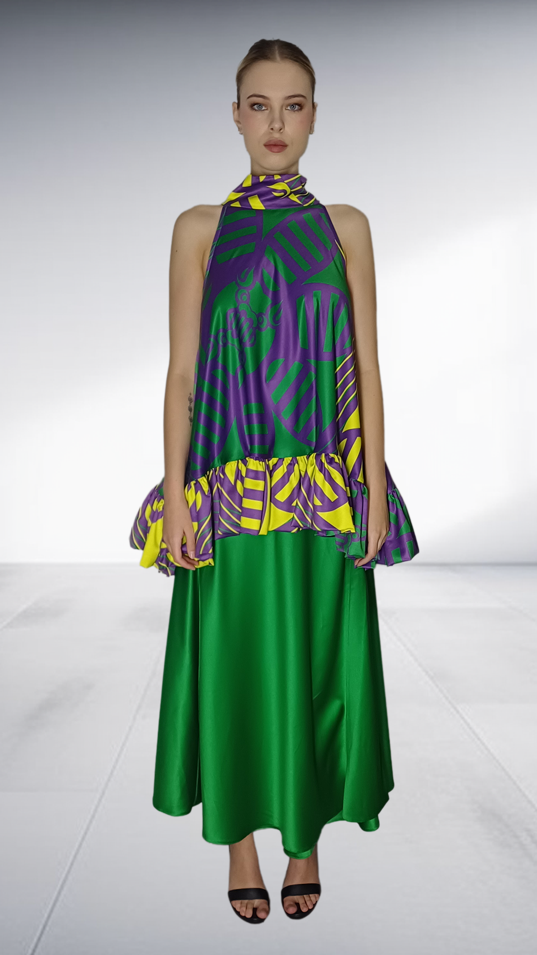 Nina Sedumedi African Print Peplum Top & Maxi Skirt Set - Purple, Yellow & Green
