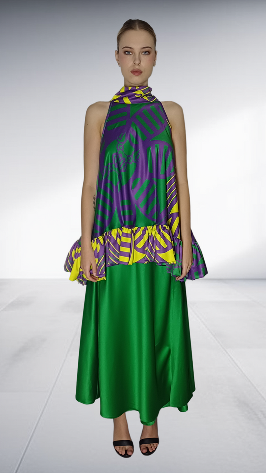 Nina Sedumedi African Print Peplum Top & Maxi Skirt Set - Purple, Yellow & Green