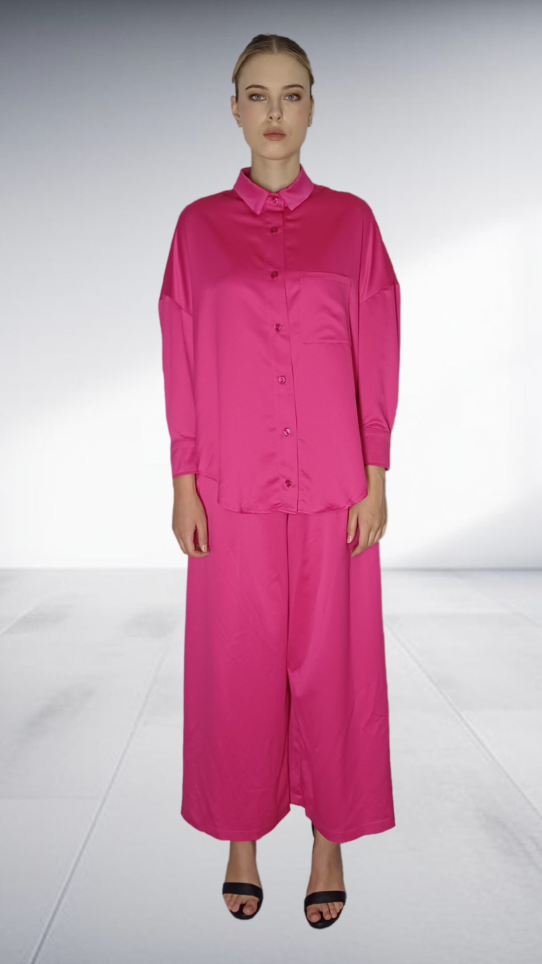 Kayla Stam Fuchsia Satin Oversized Shirt & Wide-Leg Pants Set