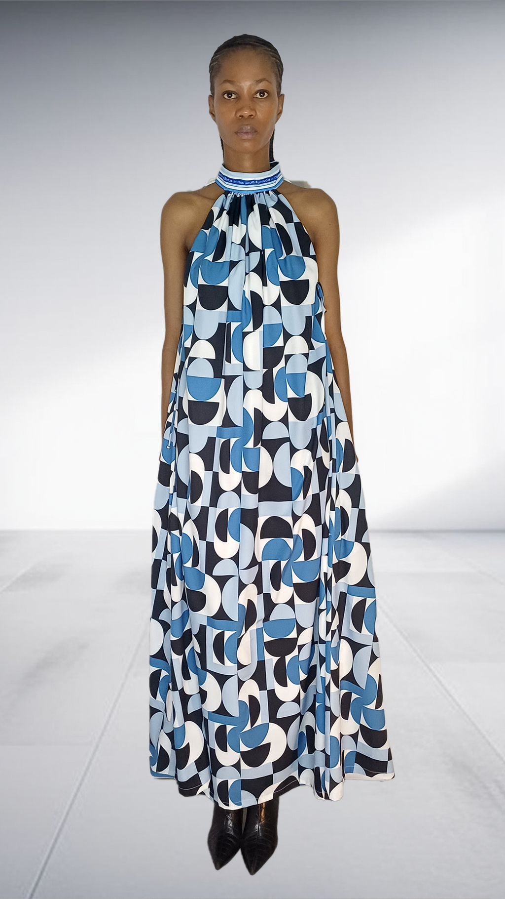 Fundundzi Jasmin Blue Geometric Print Halter Maxi Dress