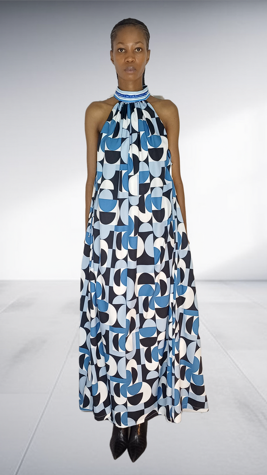 Jasmin Blue Geometric Print Halter Maxi Dress