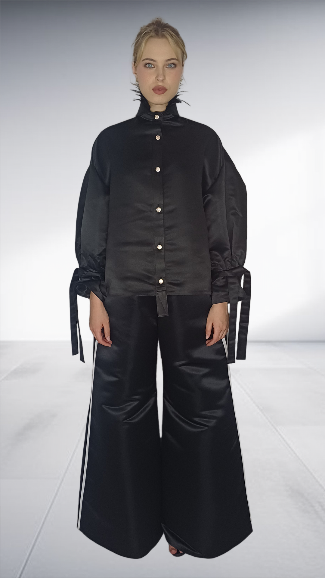 Matte Nolim Black Satin Wide-Leg Trouser Set