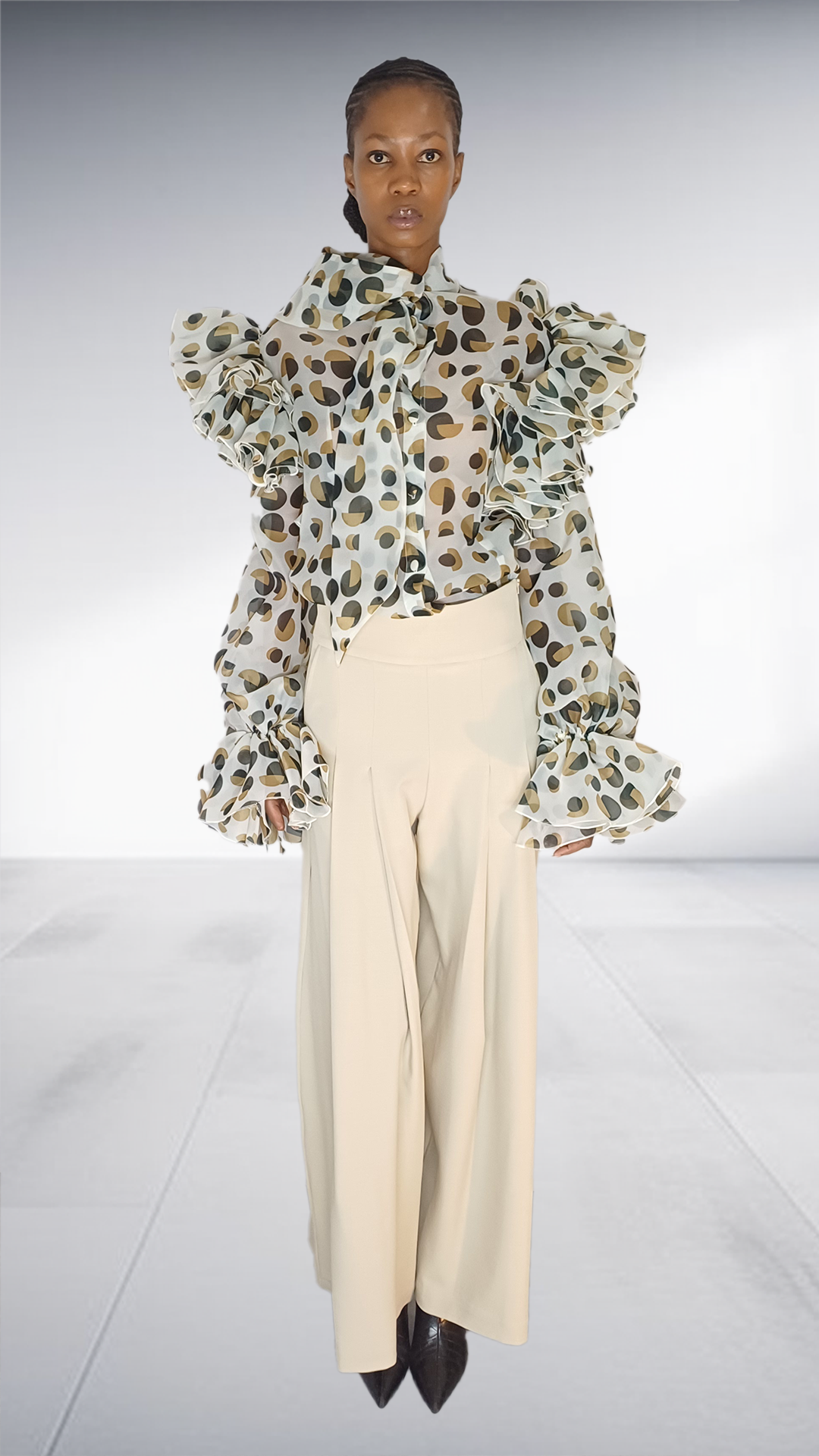 David Tlale Polka Dot Dramatic Ruffle Sleeve Two-Piece Set