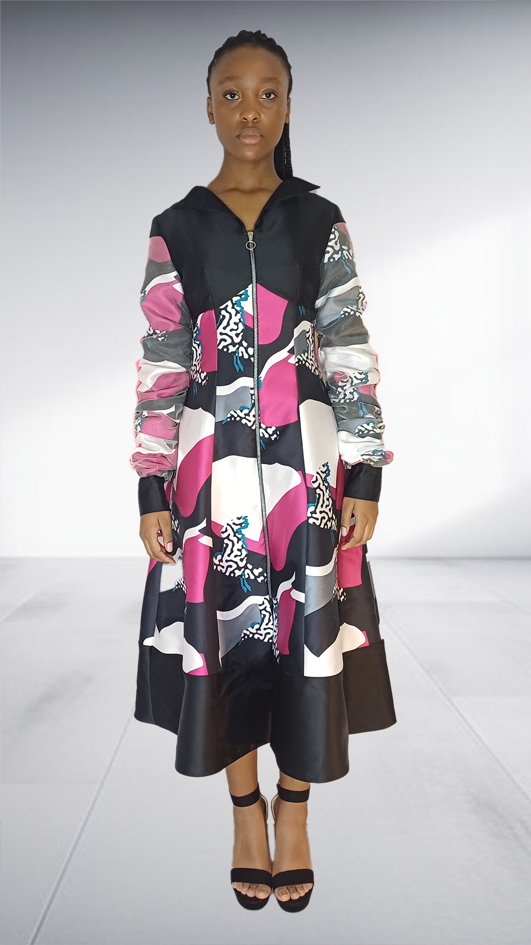 Ezokhetho Abstract Print Zip-Up Midi Dress with Black Hem