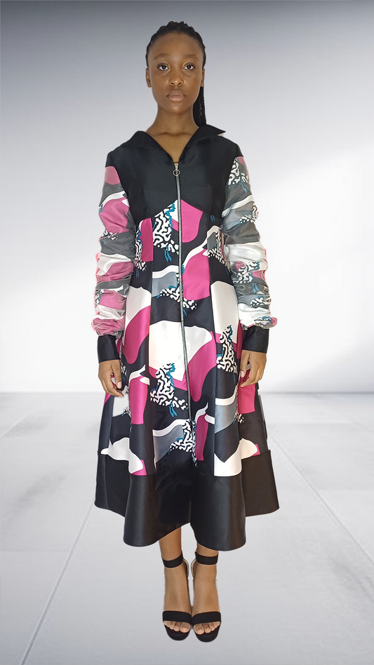 Abstract Print Zip-Up Midi Dress with Black Hem