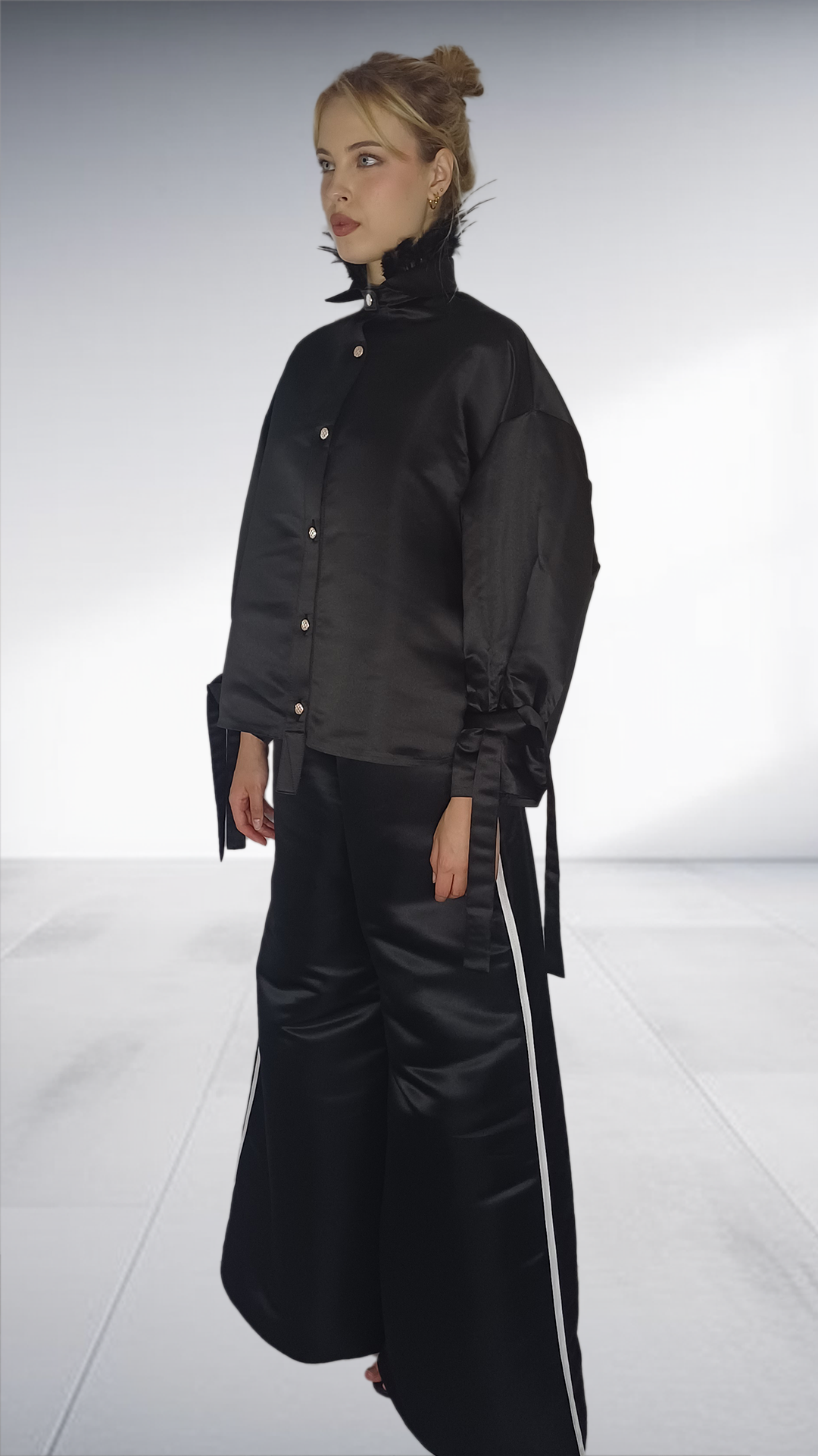 Black Satin Wide-Leg Trouser Set