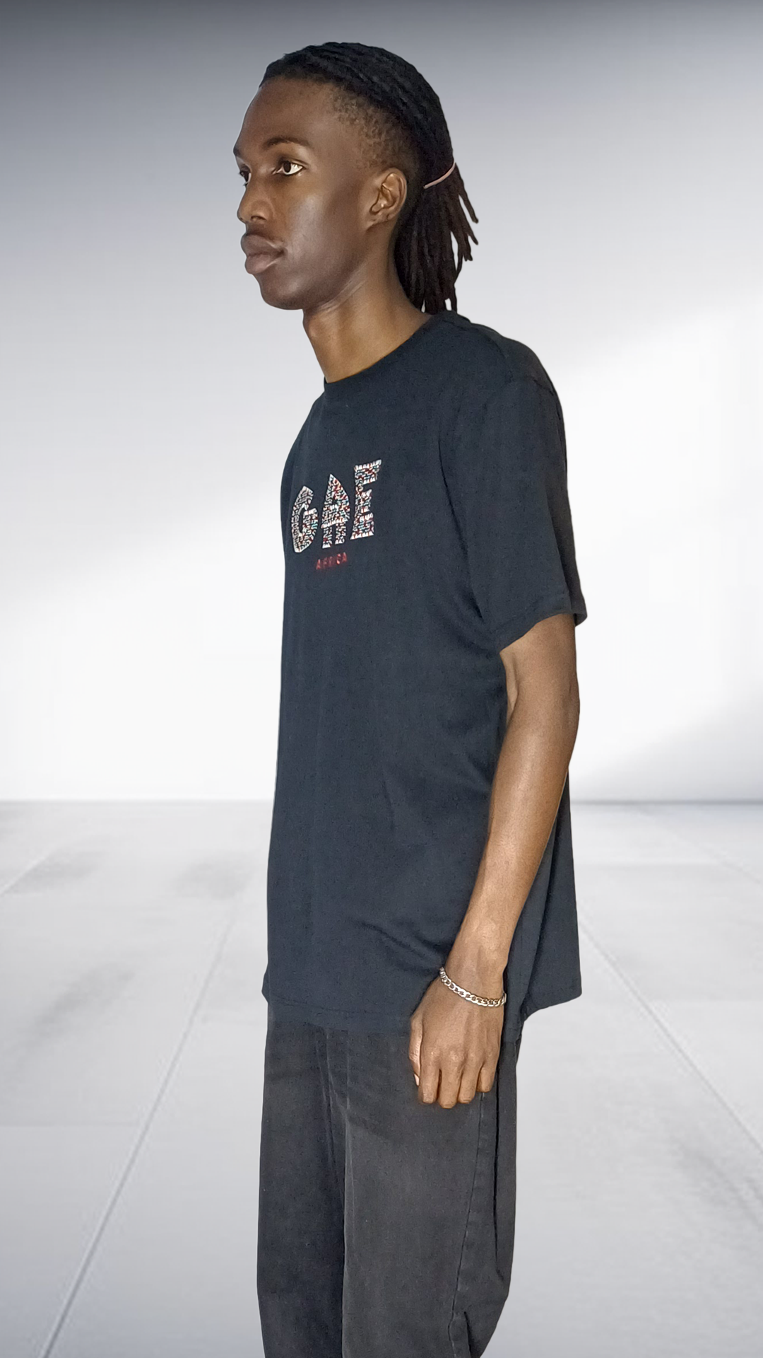 GAE Africa Logo T-Shirt - Black with Embroided African Print