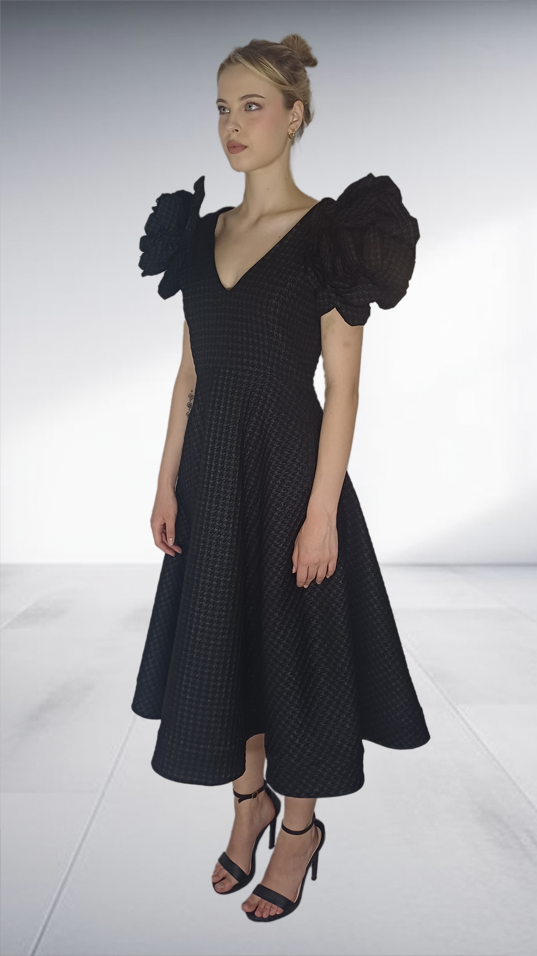 Floradora - Black Puff Sleeve Midi Dress with Removable Flower Details