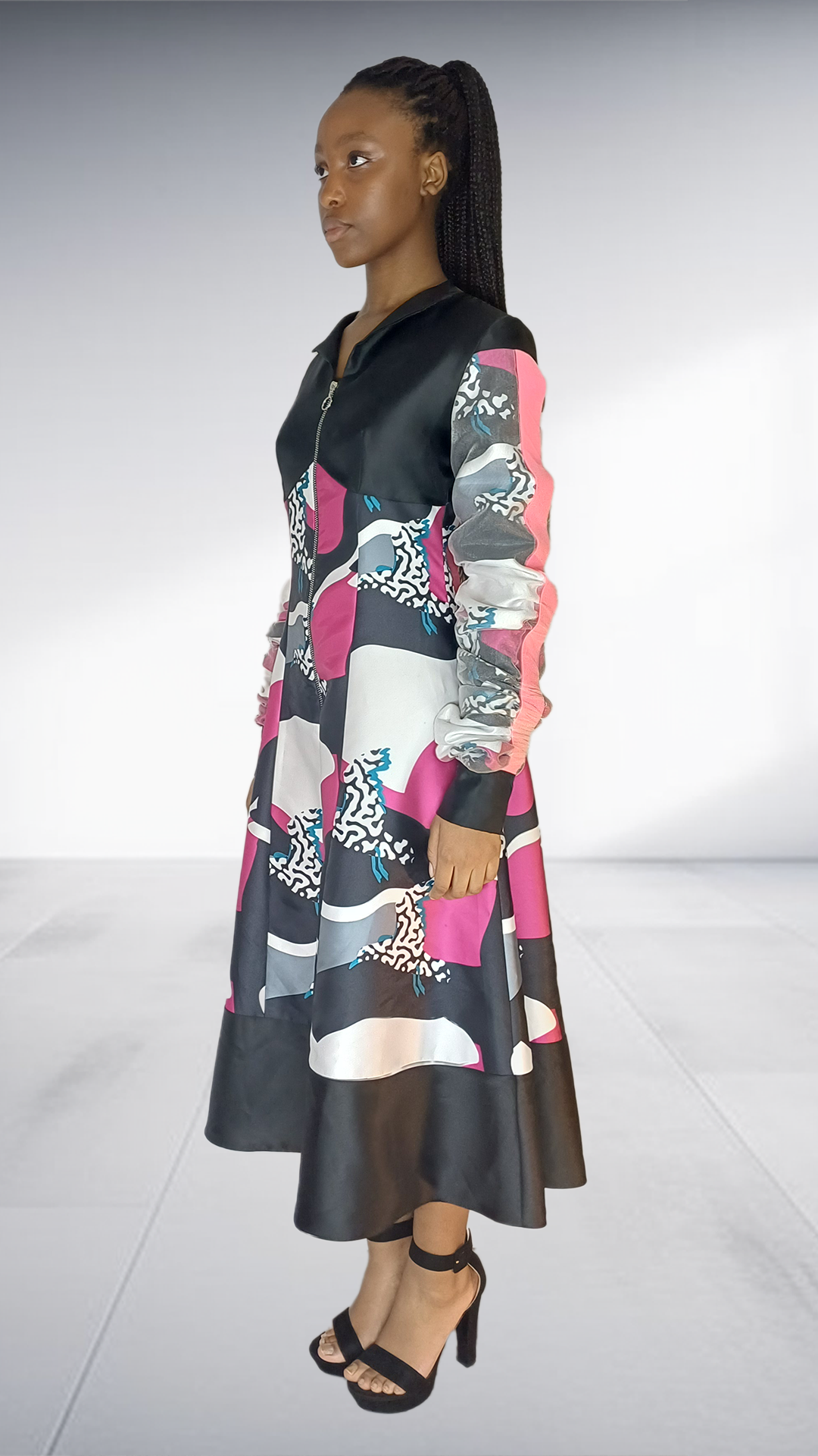 Abstract Print Zip-Up Midi Dress with Black Hem