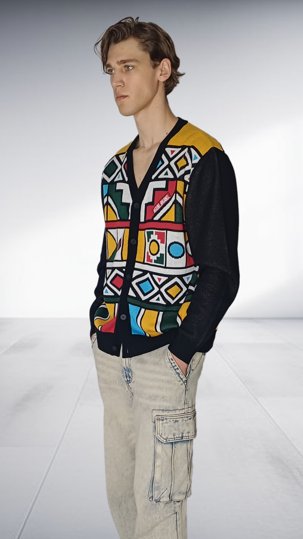 NguniBrand Thingo Ndebele Cardigan - Black & Multicolor – knit Sweater, view 2 | AfricaRise