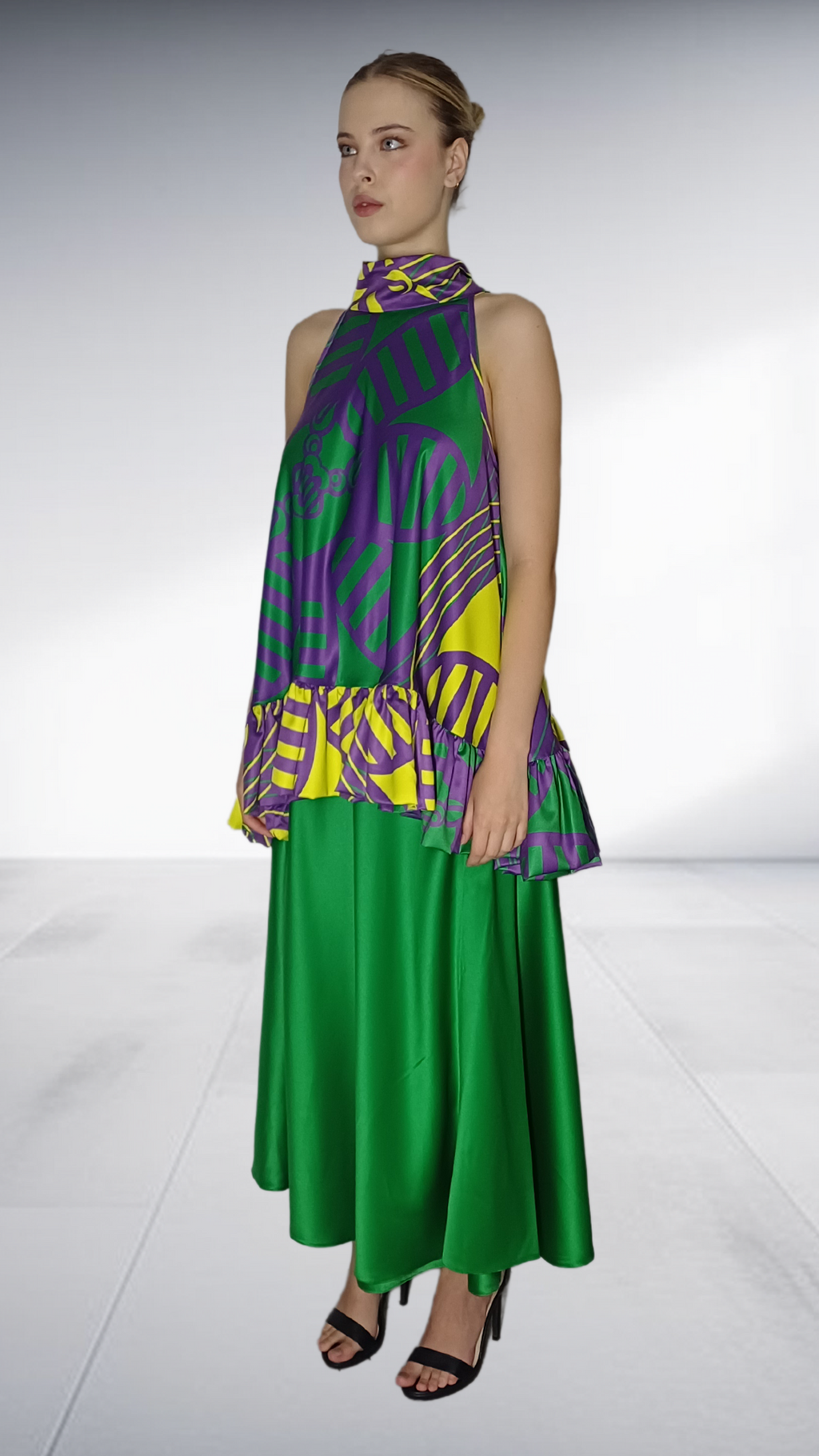 Nina Sedumedi African Print Peplum Top & Maxi Skirt Set - Purple, Yellow & Green – african print Two-Piece Set, view 2 | Afr…