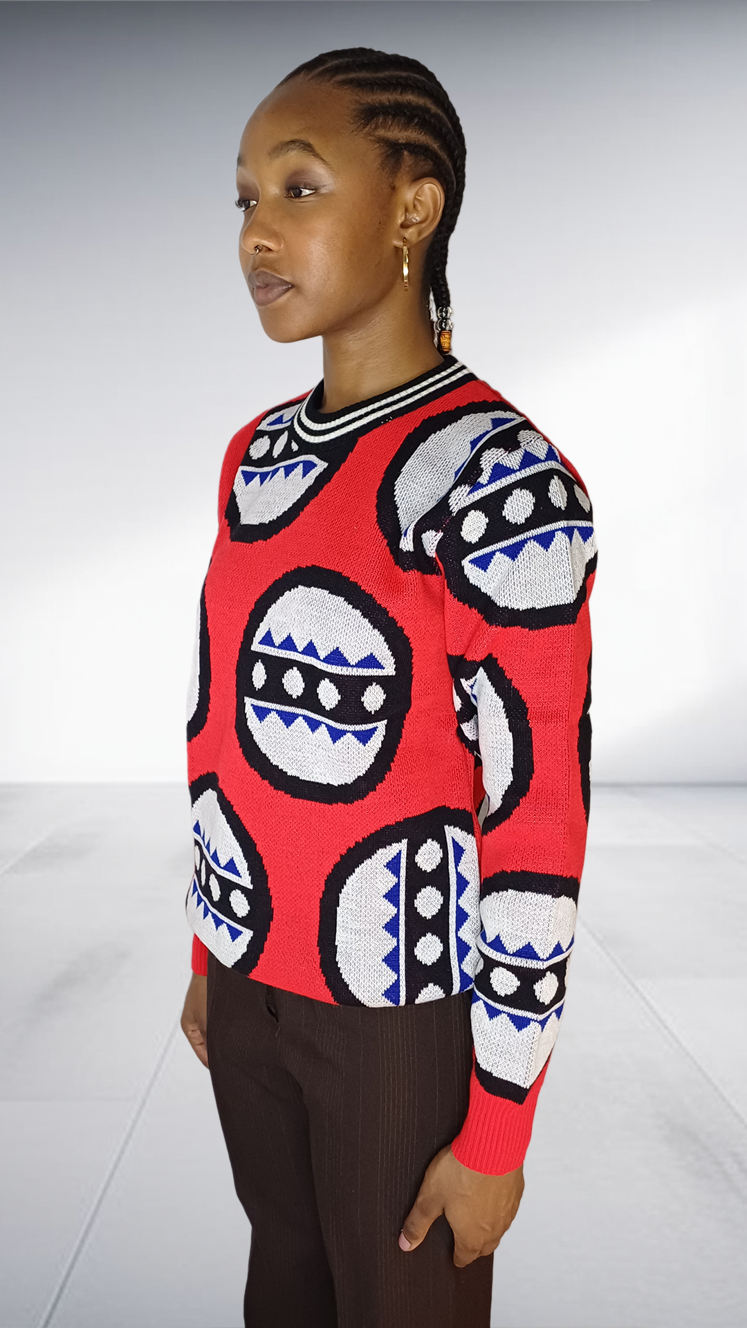 Isiqhaza Red African Mask Motif Knit Sweater