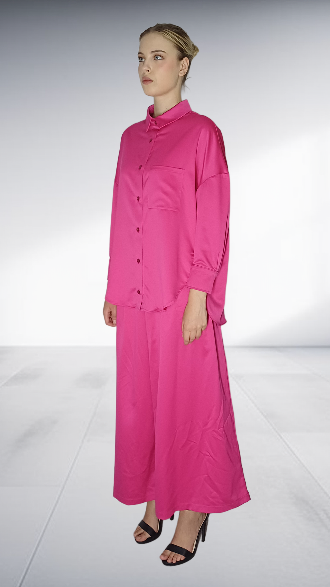 Kayla Stam Fuchsia Satin Oversized Shirt & Wide-Leg Pants Set
