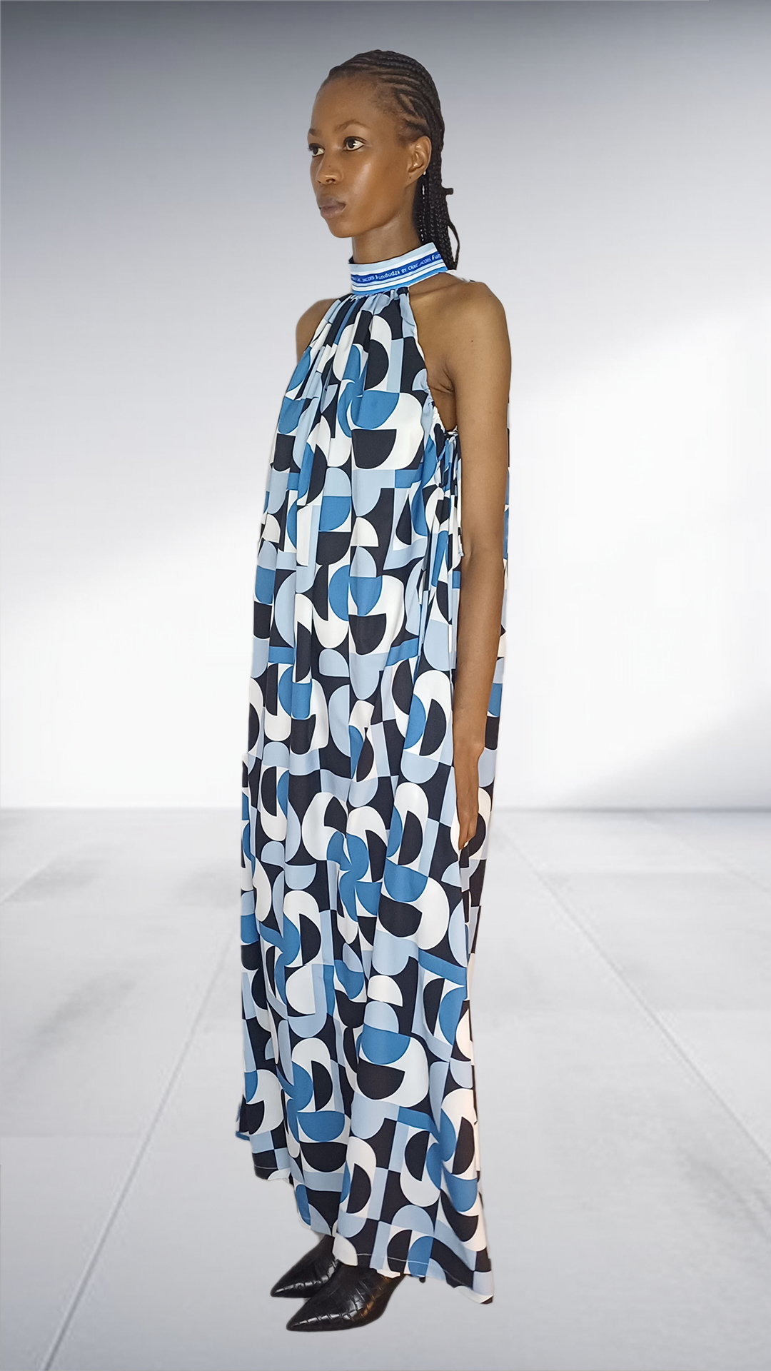 Jasmin Blue Geometric Print Halter Maxi Dress