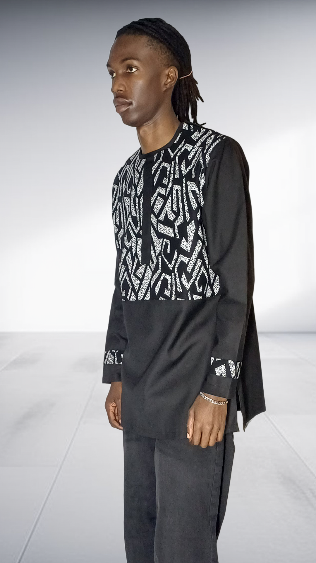 Lolo D African Print Yoke Long Sleeve Shirt - Black & White