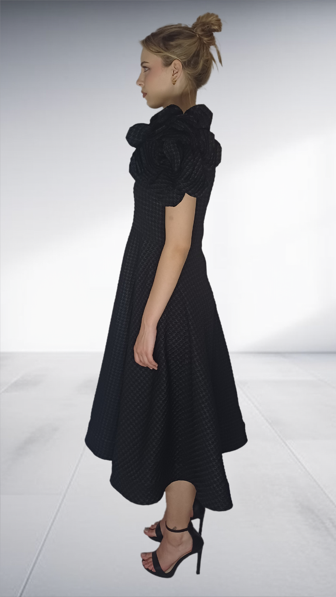 Floradora - Black Puff Sleeve Midi Dress with Removable Flower Details