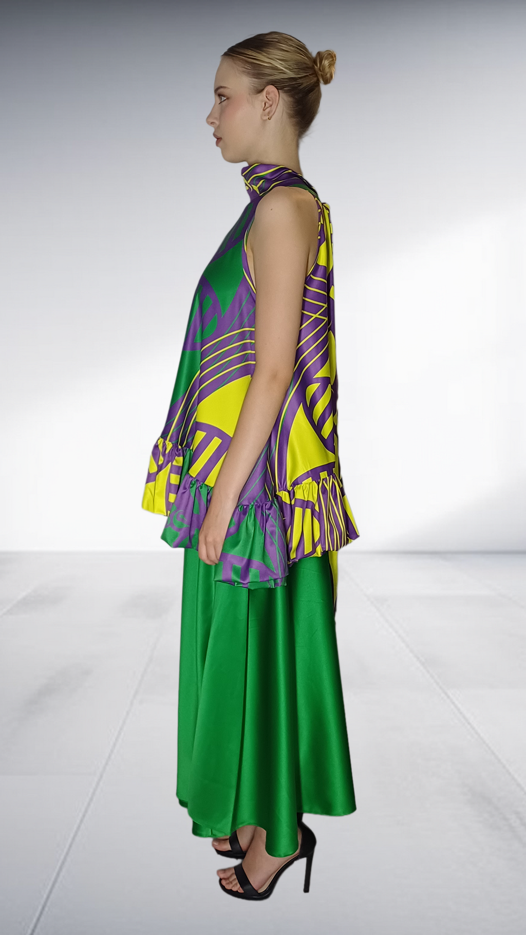 Nina Sedumedi African Print Peplum Top & Maxi Skirt Set - Purple, Yellow & Green – african print Two-Piece Set, view 3 | Afr…