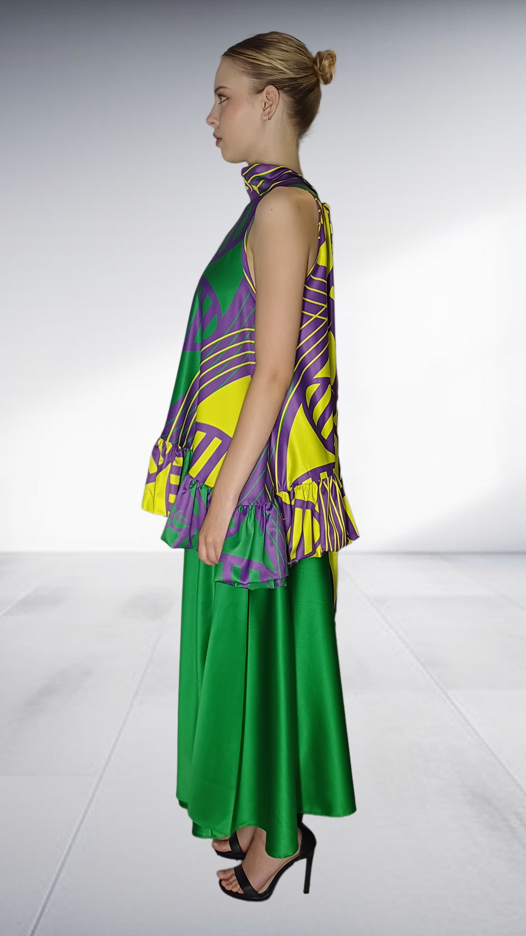 Nina Sedumedi African Print Peplum Top & Maxi Skirt Set - Purple, Yellow & Green