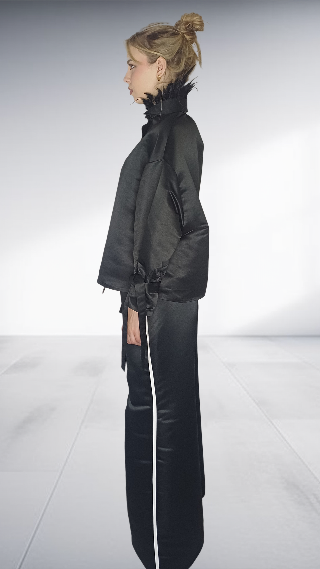 Black Satin Wide-Leg Trouser Set