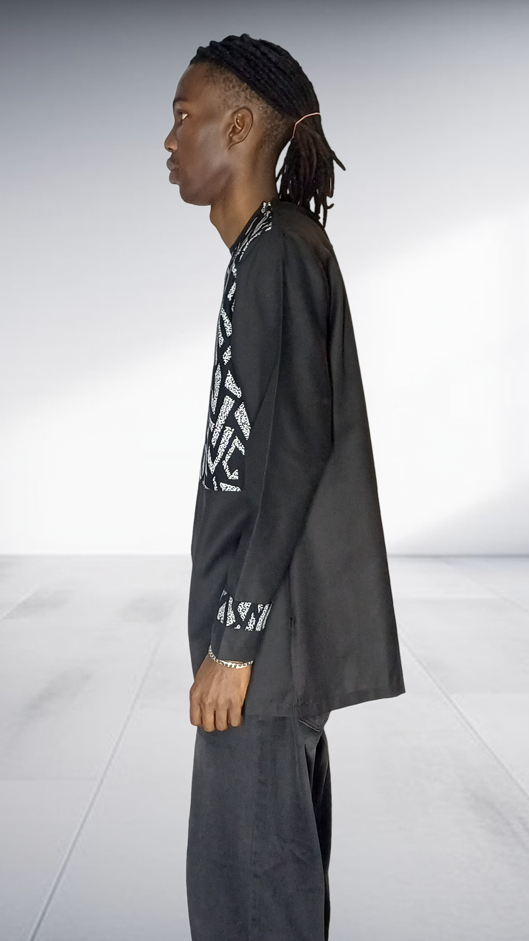 Lolo D African Print Yoke Long Sleeve Shirt - Black & White