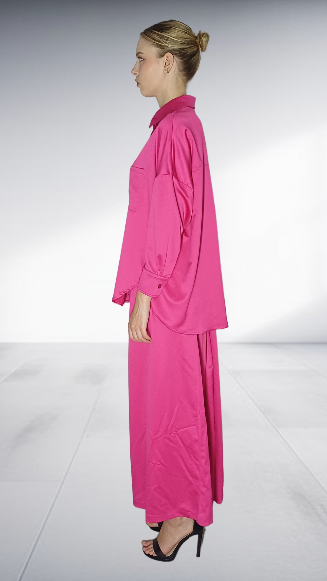 Kayla Stam Fuchsia Satin Oversized Shirt & Wide-Leg Pants Set