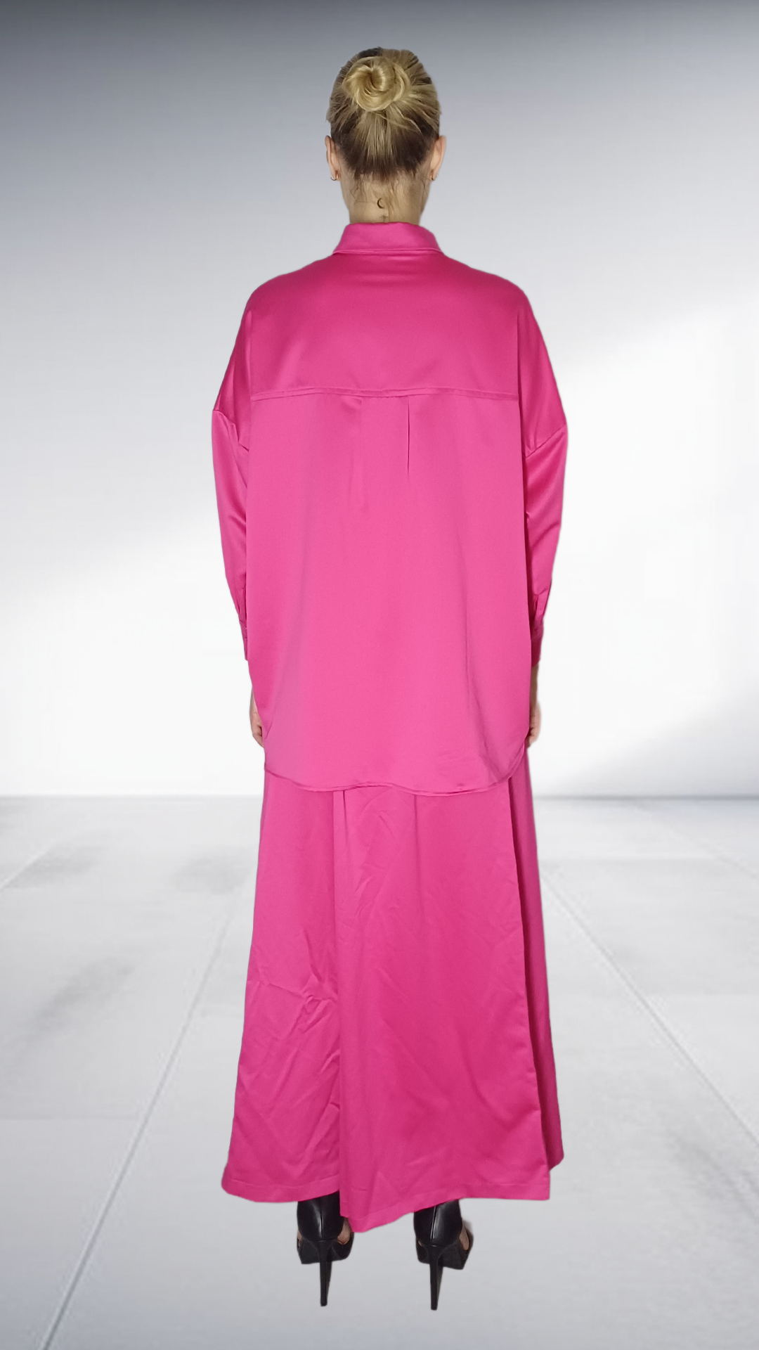 Kayla Stam Fuchsia Satin Oversized Shirt & Wide-Leg Pants Set