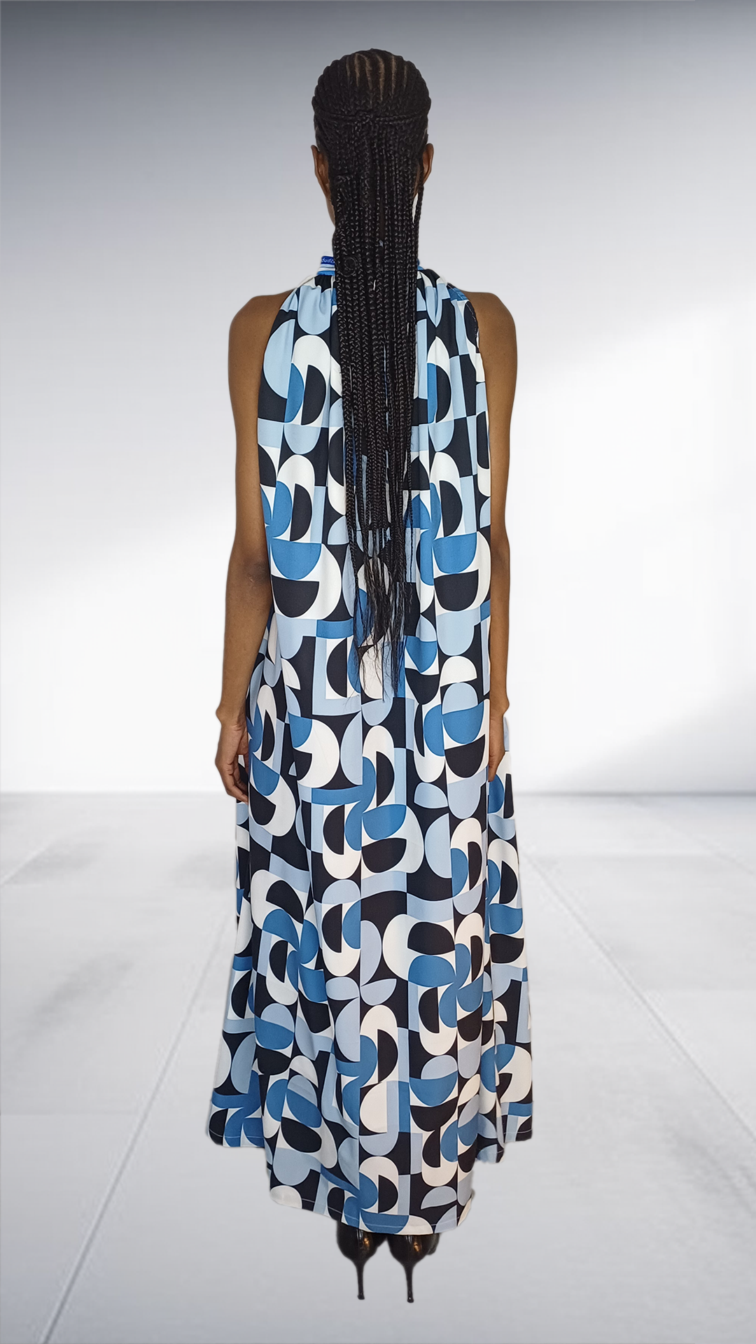Fundundzi Jasmin Blue Geometric Print Halter Maxi Dress