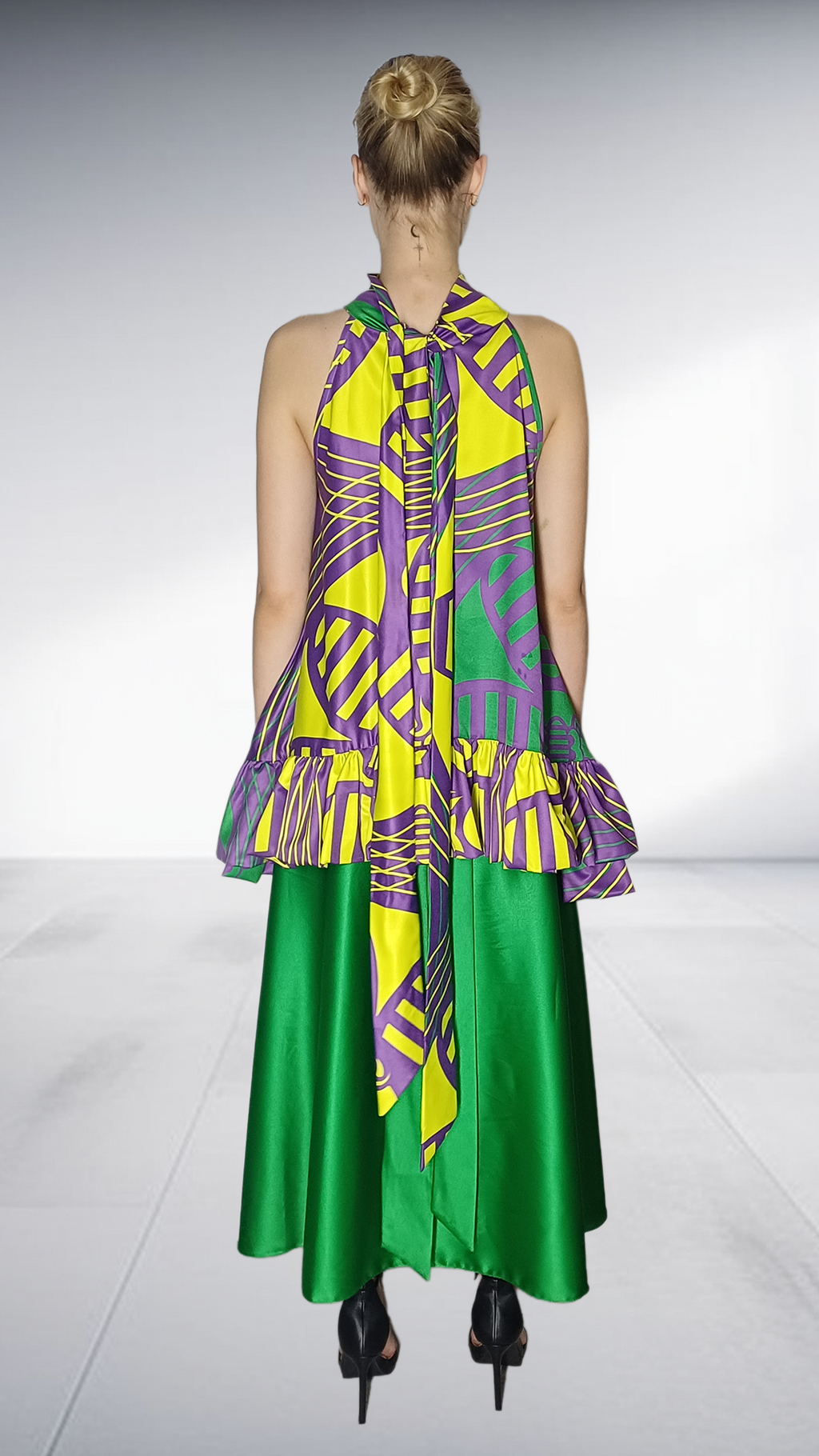 Nina Sedumedi African Print Peplum Top & Maxi Skirt Set - Purple, Yellow & Green – african print Two-Piece Set, view 4 | Afr…
