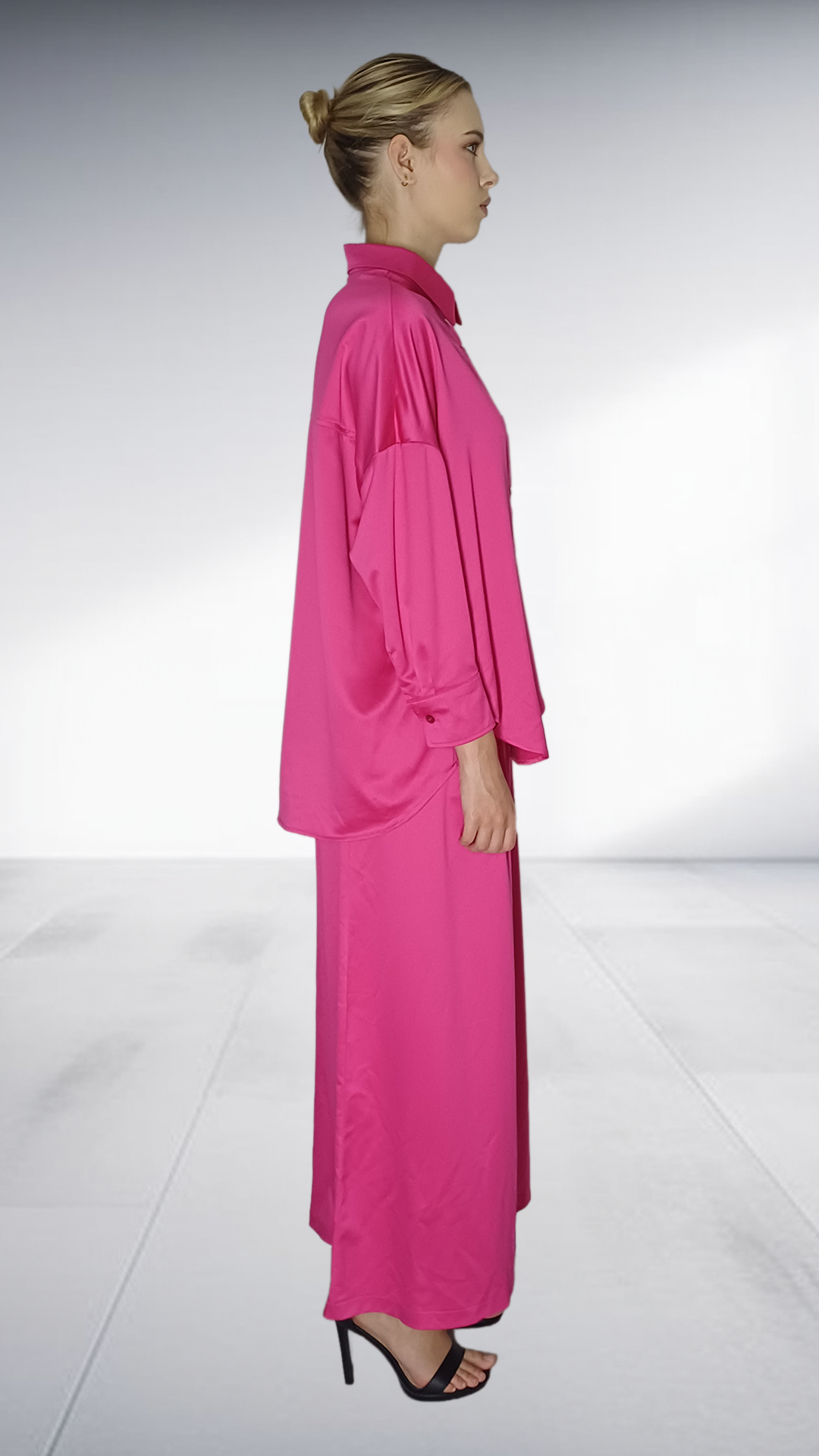 Kayla Stam Fuchsia Satin Oversized Shirt & Wide-Leg Pants Set