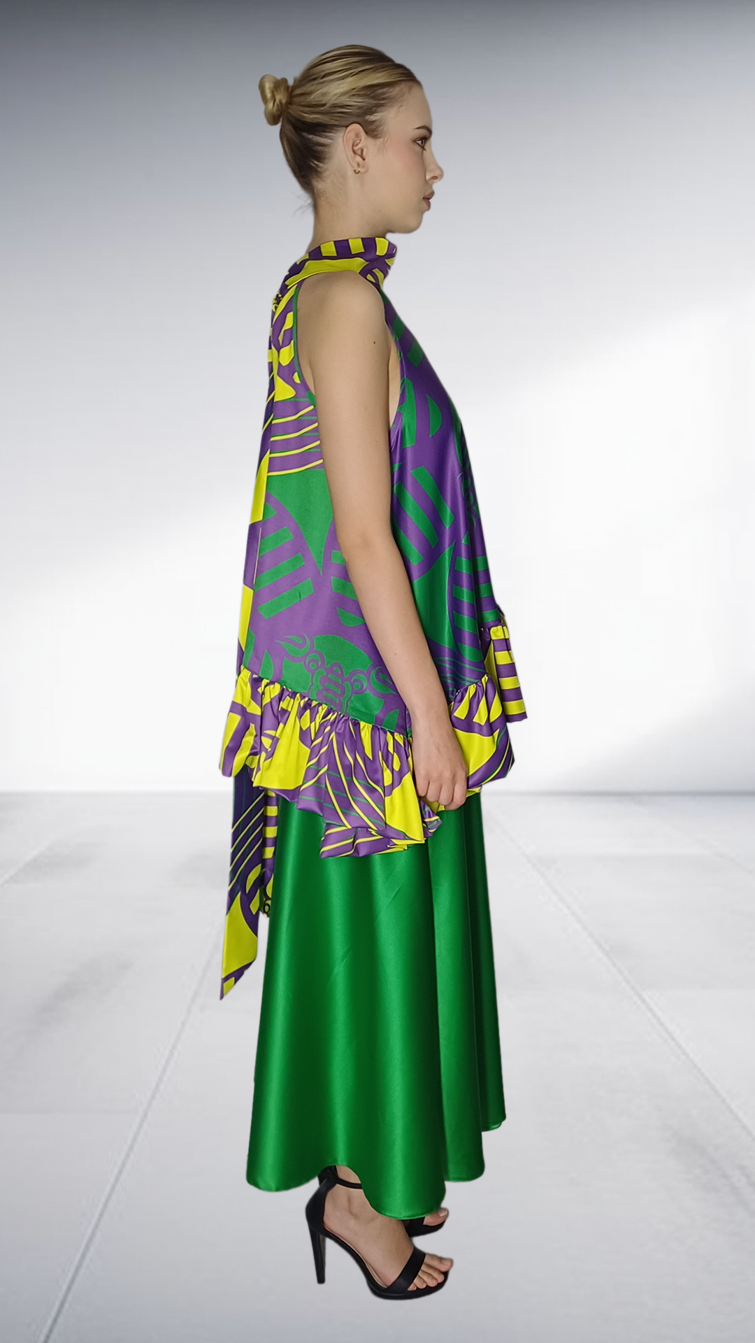 Nina Sedumedi African Print Peplum Top & Maxi Skirt Set - Purple, Yellow & Green
