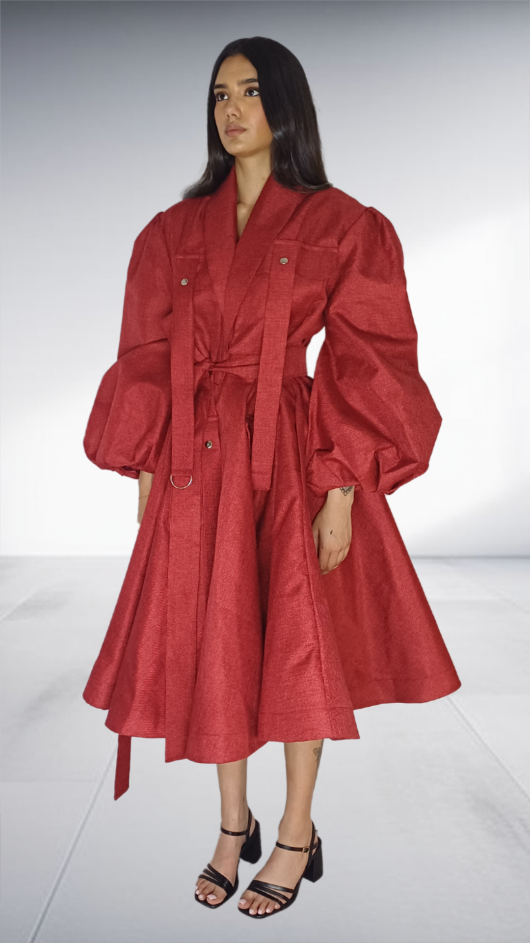 Coral Red Balloon Sleeve Trench Coat Dress