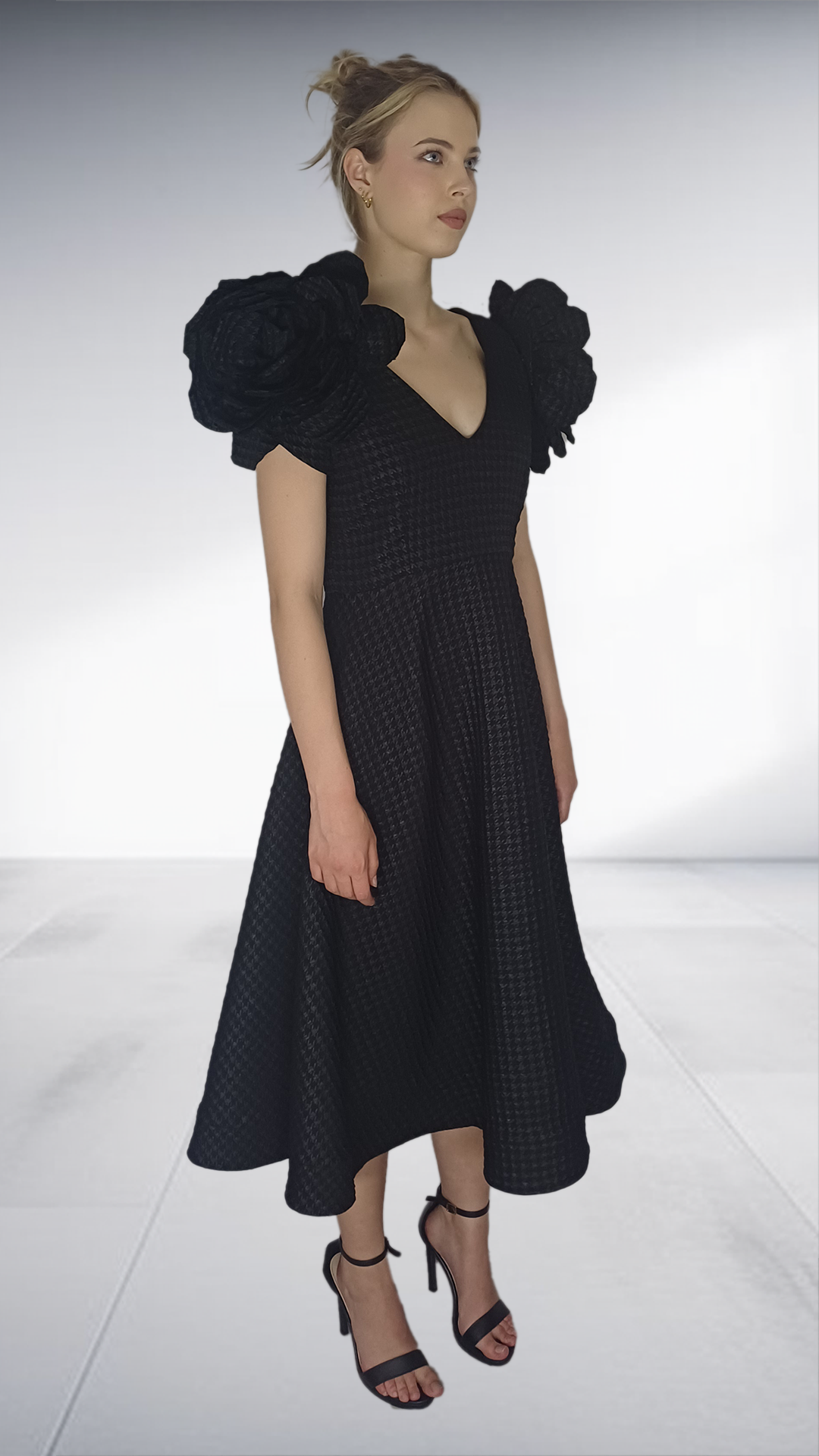 Floradora - Black Puff Sleeve Midi Dress with Removable Flower Details