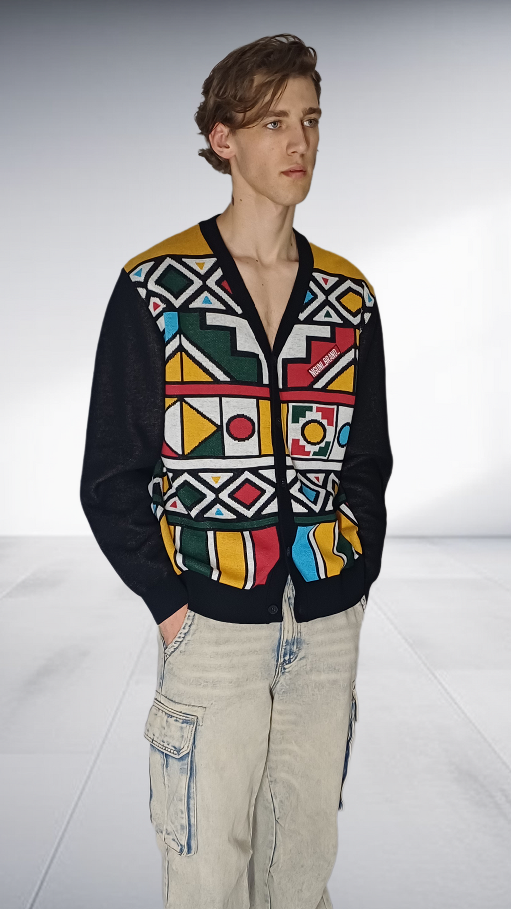 NguniBrand Thingo Ndebele Cardigan - Black & Multicolor – knit Sweater, view 5 | AfricaRise