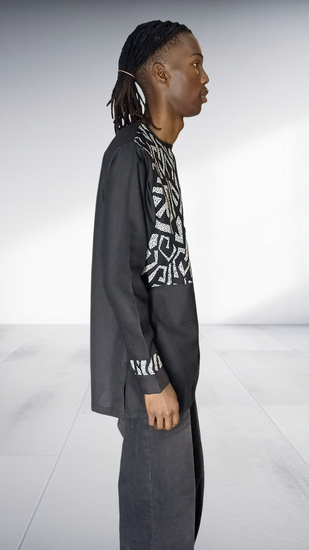 Lolo D African Print Yoke Long Sleeve Shirt - Black & White