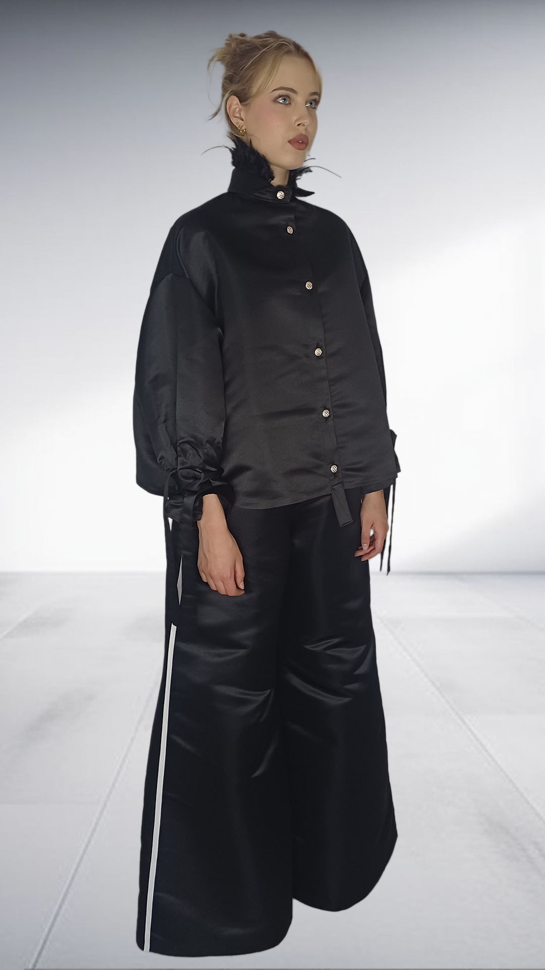 Matte Nolim Black Satin Wide-Leg Trouser Set