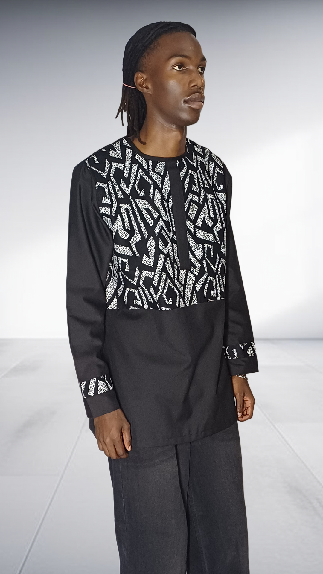 Lolo D African Print Yoke Long Sleeve Shirt - Black & White
