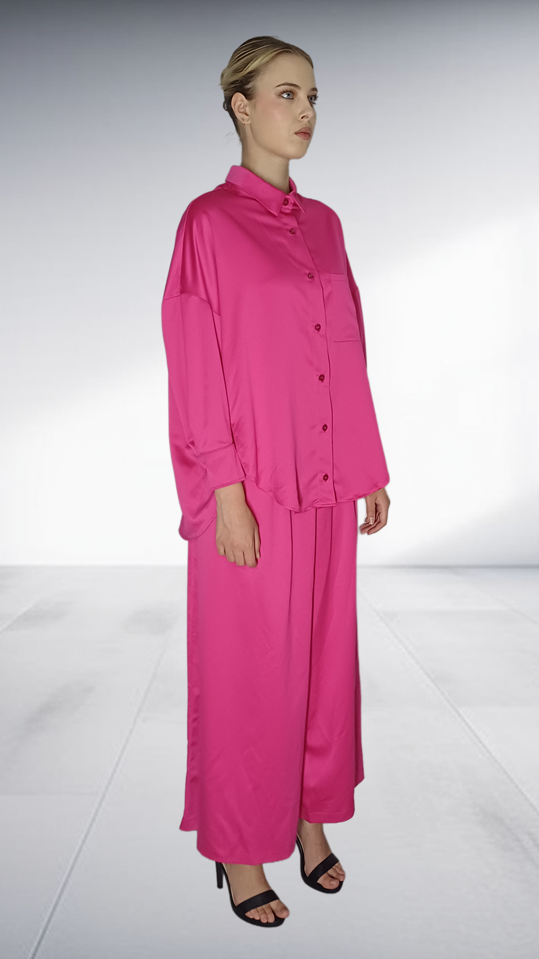 Kayla Stam Fuchsia Satin Oversized Shirt & Wide-Leg Pants Set