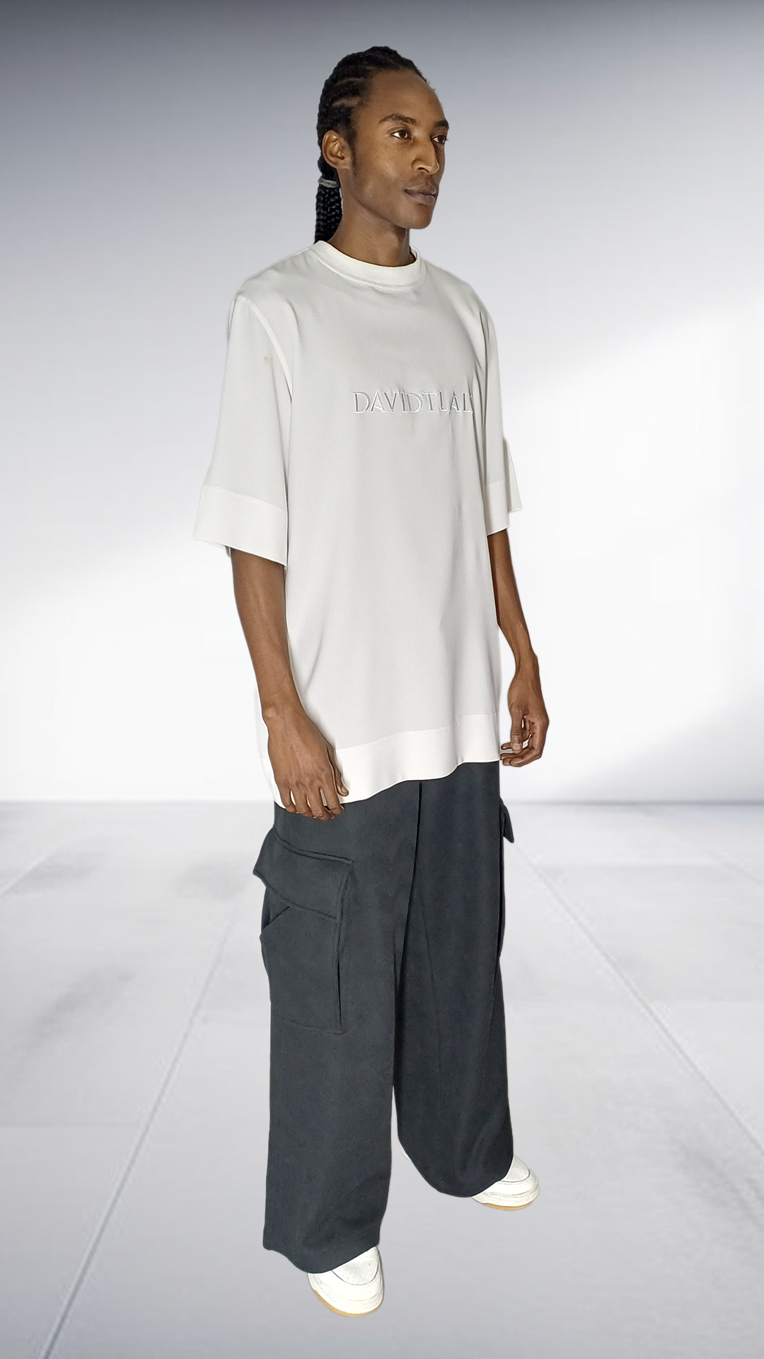 David Tlale Signature Oversized Tee & Cargo Pants Set - White & Charcoal