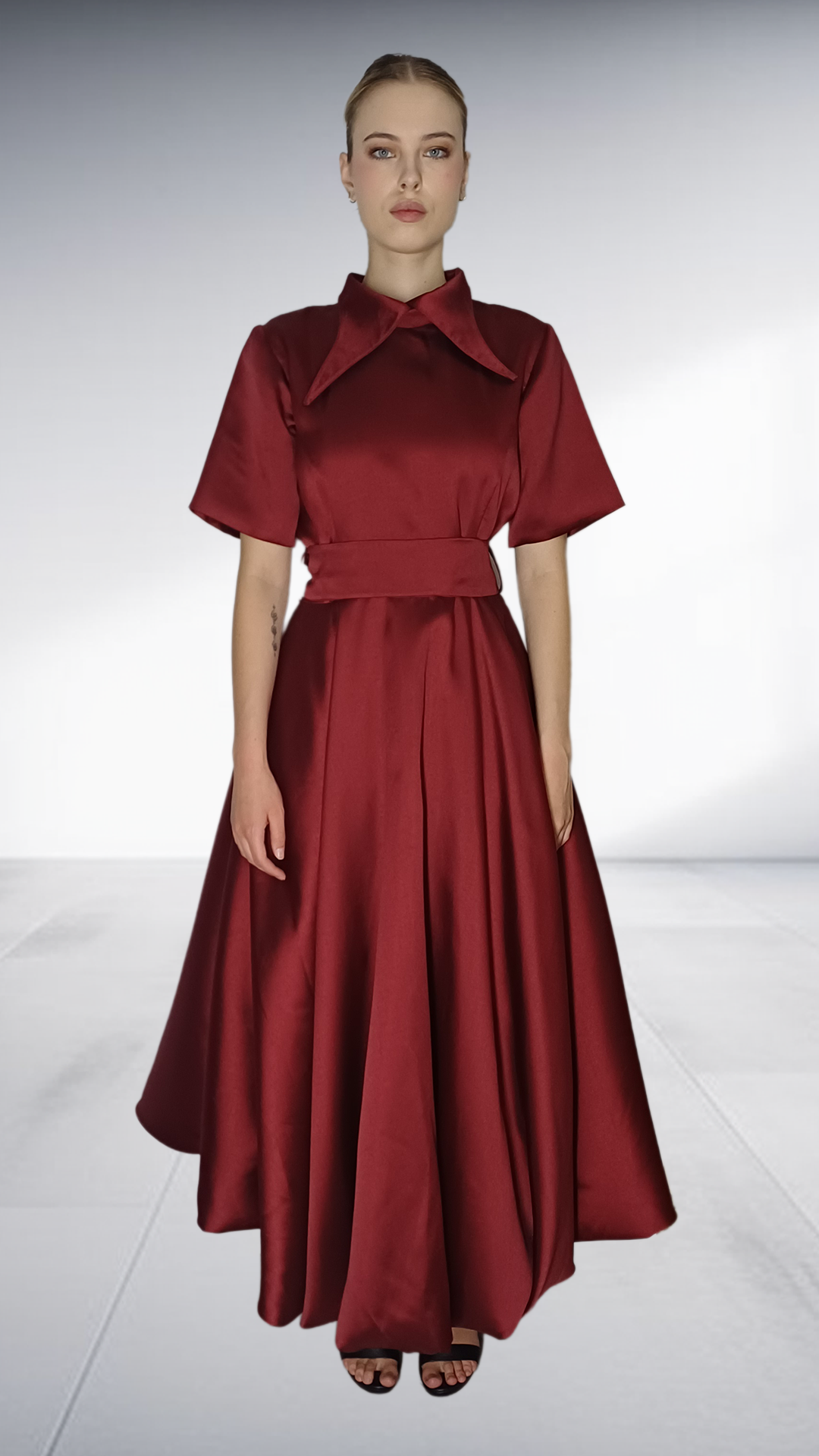 Jozsy Bubble Maxi Dress with Collar - Burgundy Satin