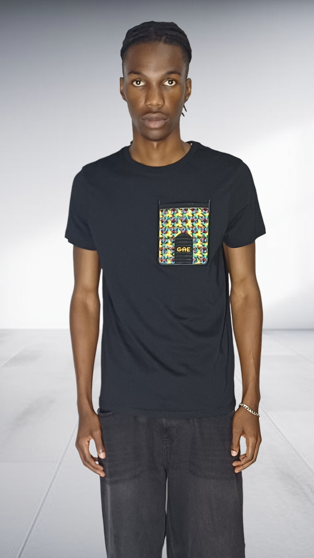 GAE African Print Pocket T-Shirt - Black with Embroidered Detail