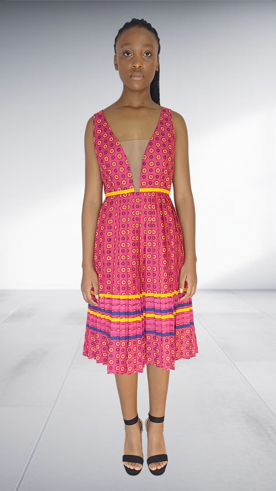 Pink Shweshwe Print Dress with Rainbow Striped Trim