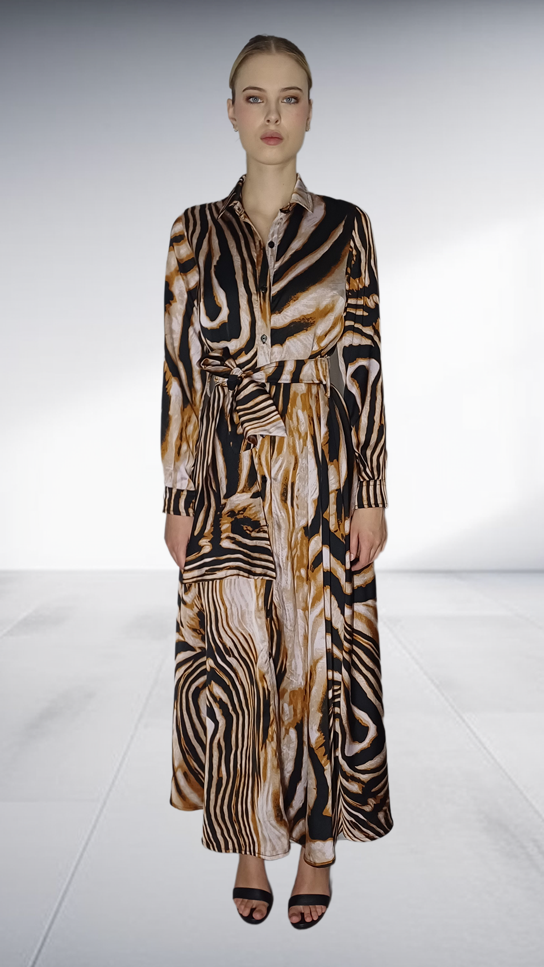 Kayla Stam Zebra Print Satin Shirt Dress - Black, Beige & Gold