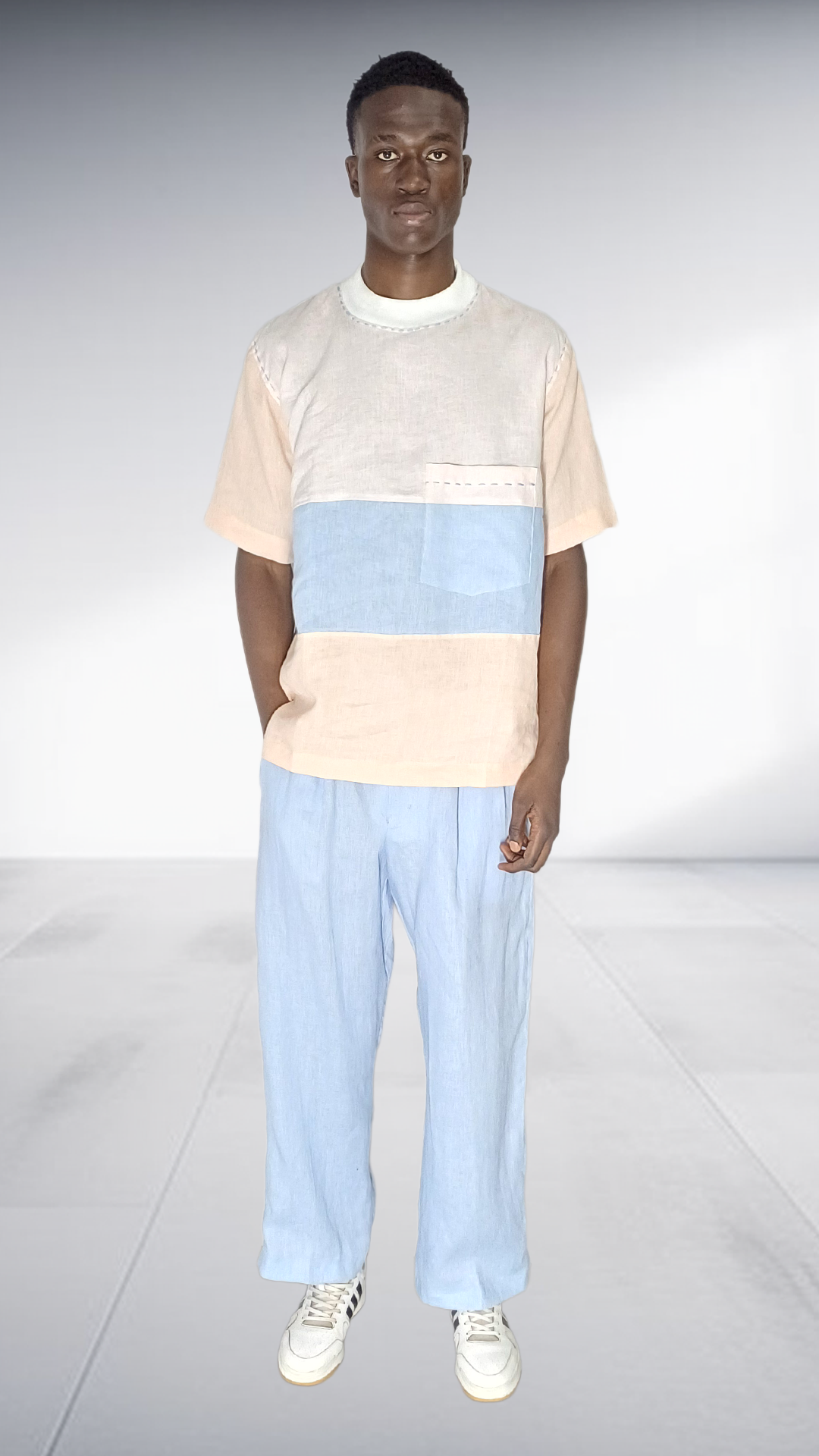 J.O.B Color-Blocked Linen Two-Piece Set - Blue & Peach