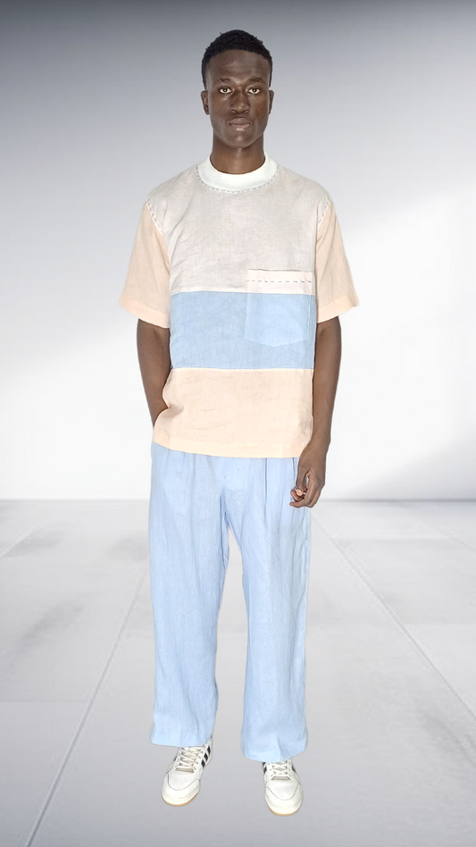 J.O.B Color-Blocked Linen Two-Piece Set - Blue & Peach