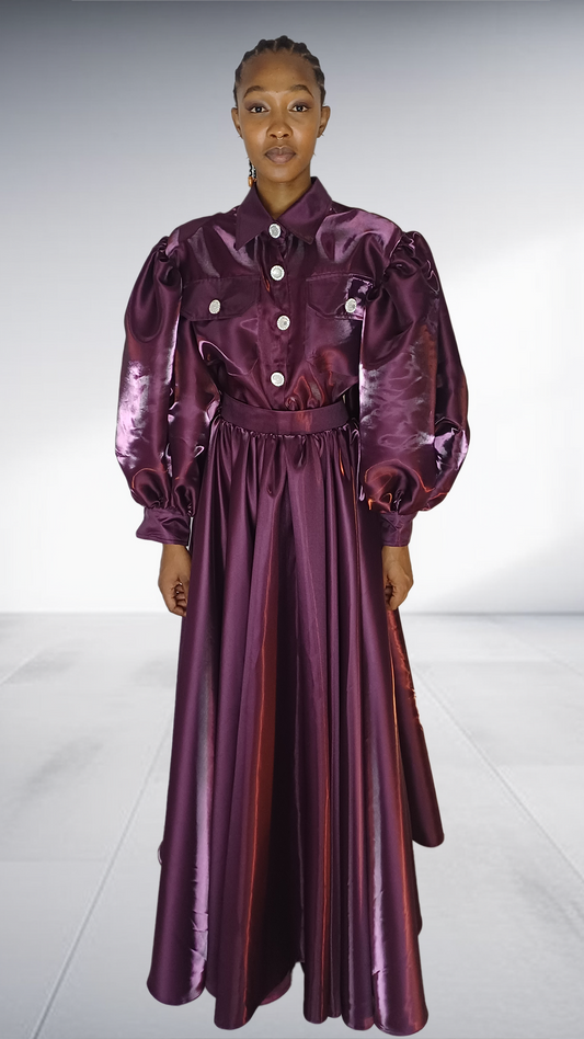 Deep Plum Satin Balloon Sleeve Two-Piece Set