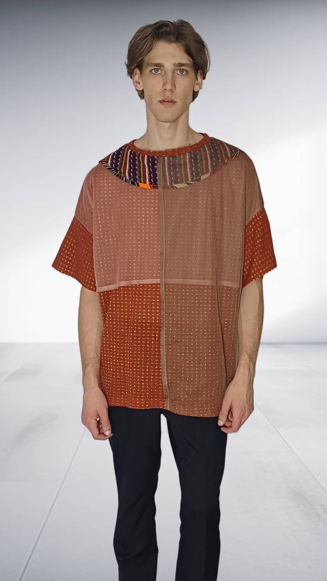 Sipho Mbuto Artisan Knit T-Shirt with Decorative Collar - Terracotta
